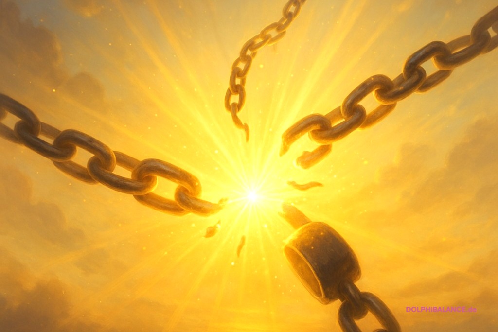 Symbolisches Bild zur energetischen Befreiung: In einem goldenen Lichtstrahl zerreißen massive Ketten vor einem strahlenden Horizont – ein kraftvolles Motiv für das Lösen alter Seelenverträge, karmischer Blockaden und energetischer Fesseln. Dieses Bild steht sinnbildlich für Transformation, Heilung und die Rückkehr in die eigene innere Freiheit. Ideal als Visualisierung für spirituelle Coachingprozesse und Akasha-Chronik-Arbeit.