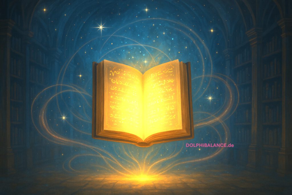 Ein leuchtendes, geöffnetes Buch mit goldenen Schriftzeichen schwebt inmitten einer himmlischen Bibliothek – umgeben von Sternen, Lichtbahnen und spiritueller Energie. Dieses Bild symbolisiert die Akasha-Chronik, auch bekannt als das „Buch des Lebens“, und steht für seelisches Wissen, Transformation und kosmische Führung. Ideal für Beiträge zu spiritueller Entwicklung, Seelenarbeit und energetischem Coaching mit der Akasha-Chronik.