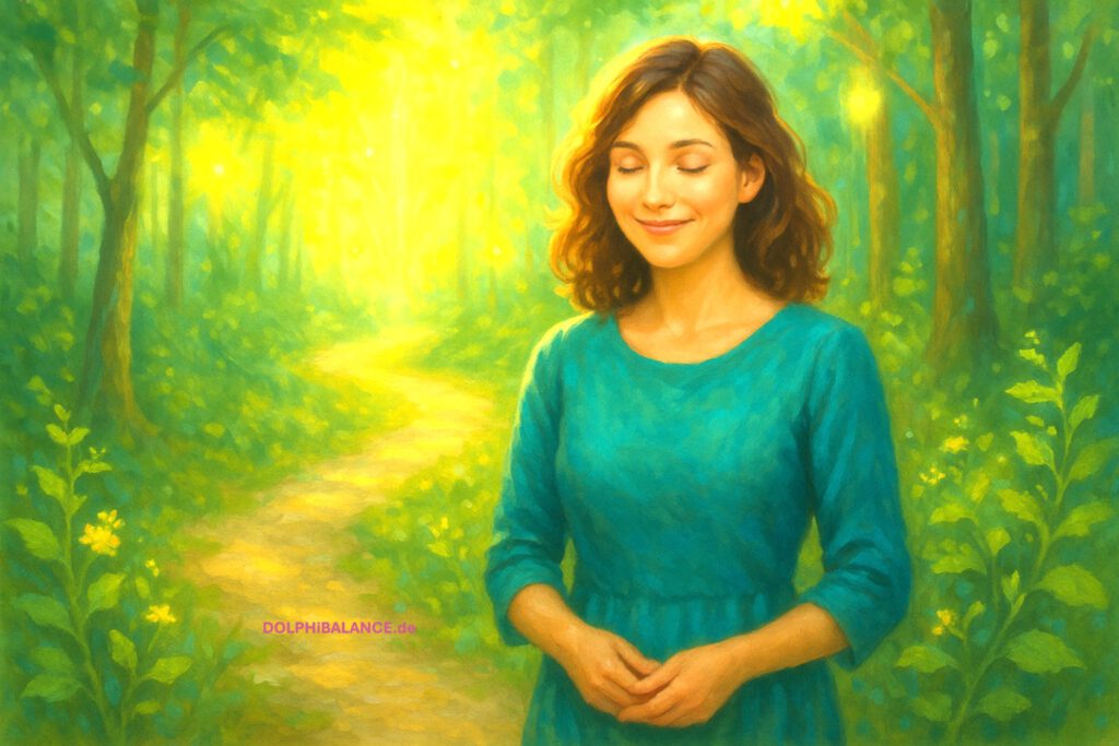 Eine junge Frau mit geschlossenen Augen steht lächelnd auf einem lichtdurchfluteten Waldweg – der Pfad führt in ein leuchtendes Zentrum aus goldener Energie. Dieses Bild symbolisiert den spirituellen Weg zur Heilung, innere Klarheit und die bewusste Entscheidung, der eigenen Seelenführung zu folgen. Ideal für Beiträge rund um Akasha-Chronik-Lesungen, Selbstfindung und energetische Transformation.