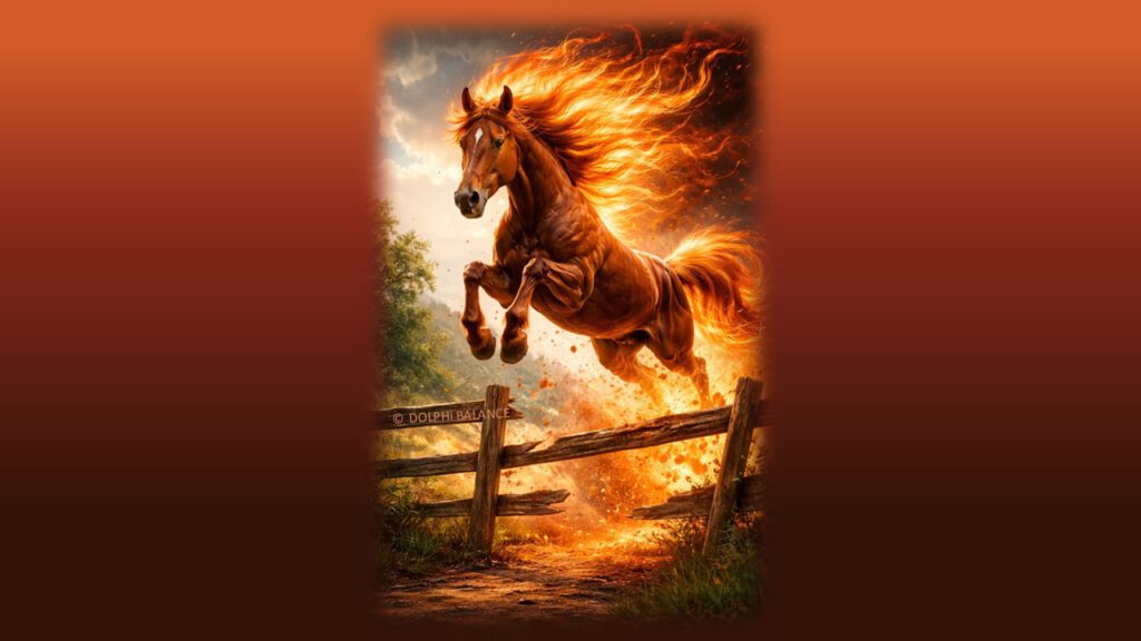 Feuer-Pferd 2026 springt über einen Zaun als Symbol für Neubeginn, Freiheit und Durchbruch