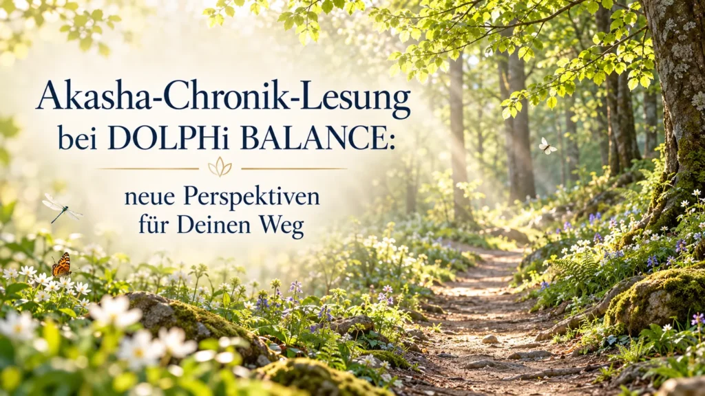 Sonnenbeschienener Frühlingswald mit Weg und dem Text „Akasha-Chronik-Lesung bei DOLPHi BALANCE – neue Perspektiven für Deinen Weg“