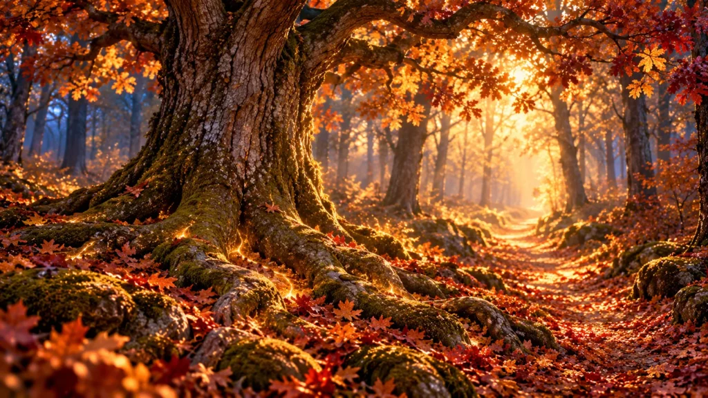 Alte Eiche mit ausgedehnten Wurzeln neben einem sonnenbeschienenen Weg im Herbstwald.