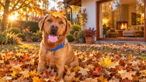 Budino sitzt im bunten Herbstlaub mit einem Blatt auf dem Kopf. Im Hintergrund leuchtet ein Kamin durch das Wohnzimmerfenster.