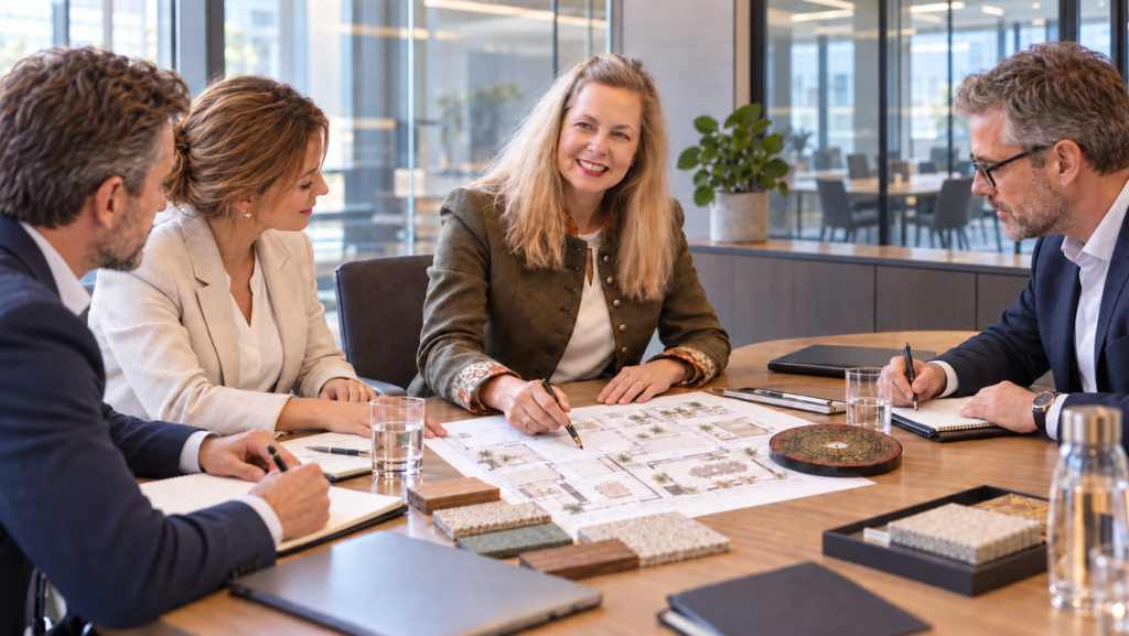 DOLPHi bespricht bei einer Business-Feng-Shui-Beratung den Grundriss mit ihren Klienten