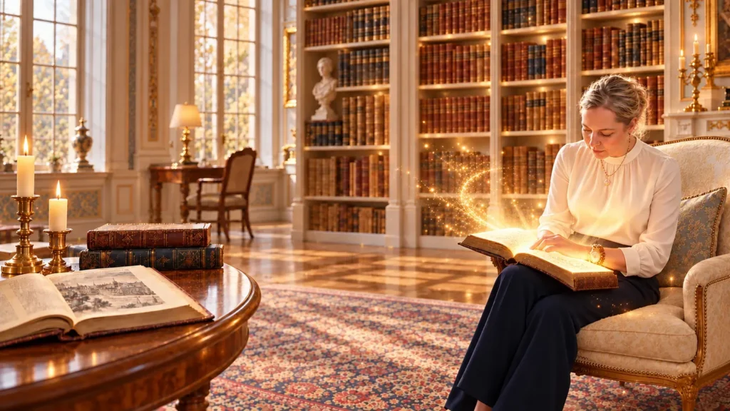 DOLPHi liest in einer hellen Bibliothek eine alte Chronik, aus deren Seiten goldenes Licht und Glitzerstaub aufsteigen.