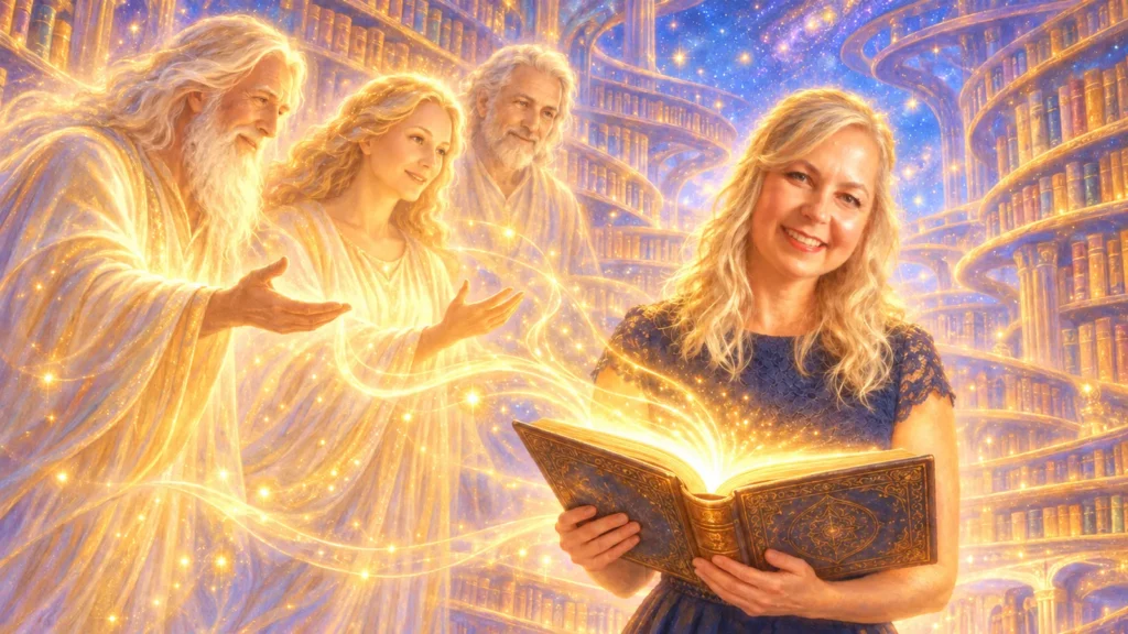 Fantasieillustration von DOLPHi mit einer leuchtenden Akasha-Chronik und drei Lichtwesen in einer goldenen Bibliothek