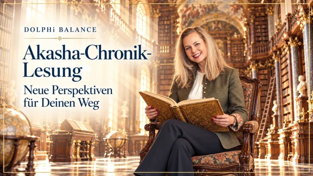 DOLPHi mit einer geöffneten Chronik in einer goldenen Bibliothek. Bildtext: „DOLPHi BALANCE – Akasha-Chronik-Lesung – Neue Perspektiven für Deinen Weg“.