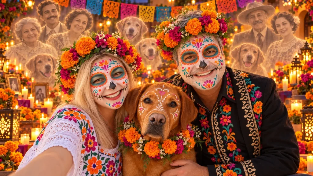 DOLPHi, ihr Mann und Budino mit bunter Día-de-Muertos-Bemalung und symbolisch dargestellten Ahnen.