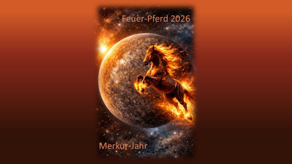 Feuer-Pferd vor dem Planeten Merkur – Symbol für Kommunikation, Bewegung und das Merkurjahr 2026