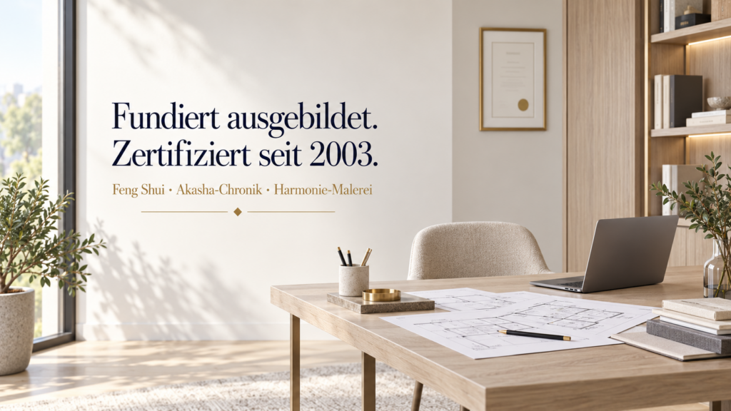 Modernes Planungsbüro mit Bauplänen und dem Hinweis „Fundiert ausgebildet. Zertifiziert seit 2003.