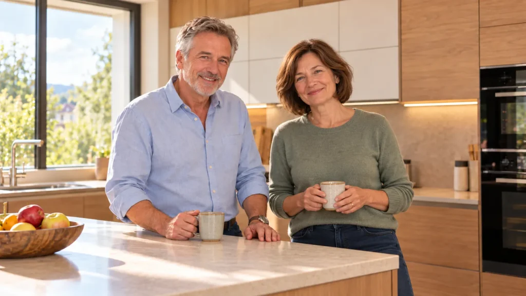 Ein lächelndes Paar mit Kaffeetassen in einer hellen, modernen Küche mit weißen Schränken und warmen Holzfronten.