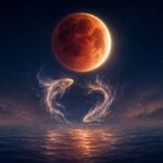 Partielle Mondfinsternis zum Fische-Vollmond 2026 mit zwei leuchtenden Fischen über dem Wasser