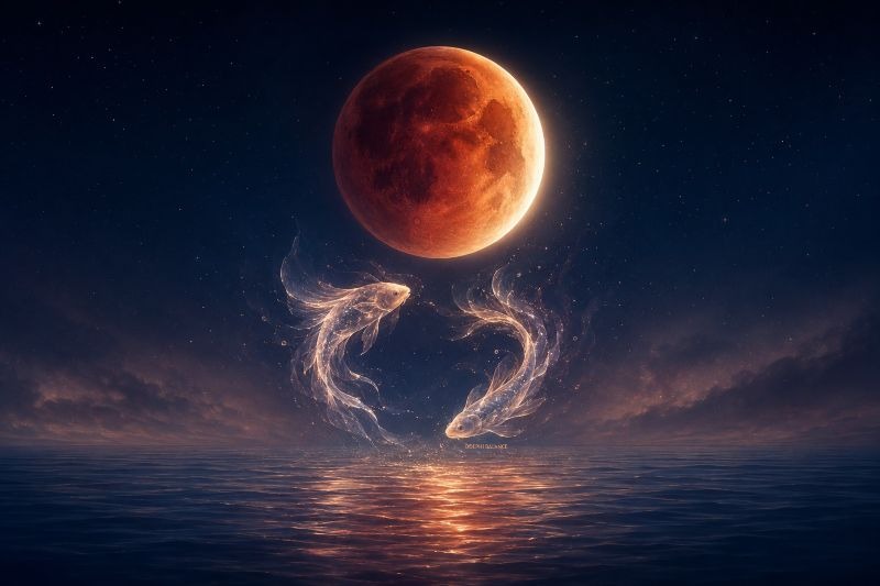 Partielle Mondfinsternis zum Fische-Vollmond 2026 mit zwei leuchtenden Fischen über dem Wasser