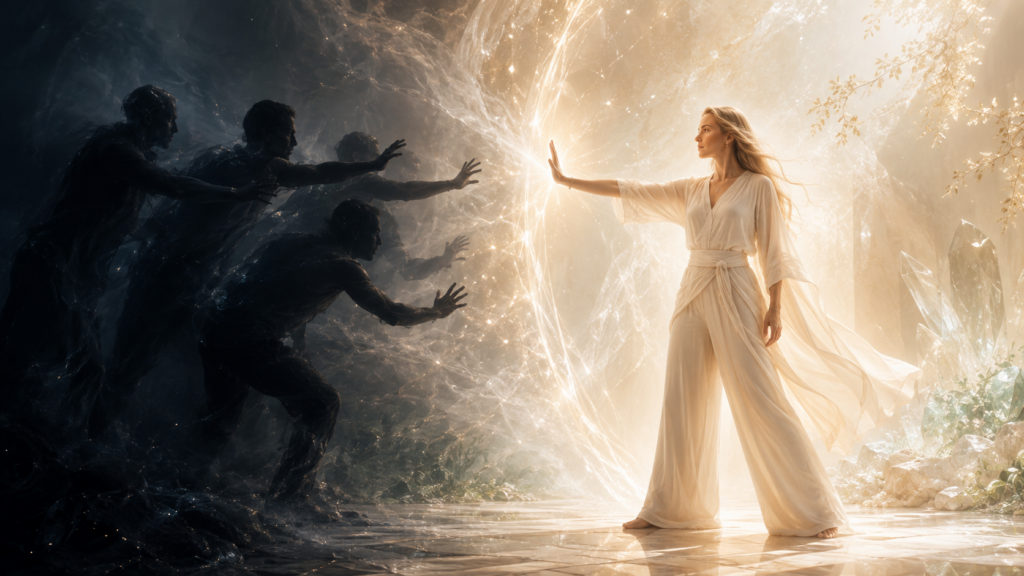 Lichtvolle Frau sagt Nein und setzt eine klare energetische Grenze