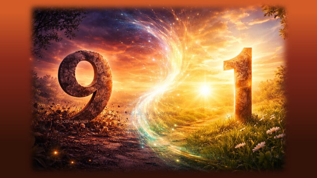 Numerologie 2025 und 2026 – Übergang vom Jahr 9 (Abschluss) zum Jahr 1 (Neubeginn), symbolisch dargestellt durch Transformation und Aufbruch in eine neue Energie