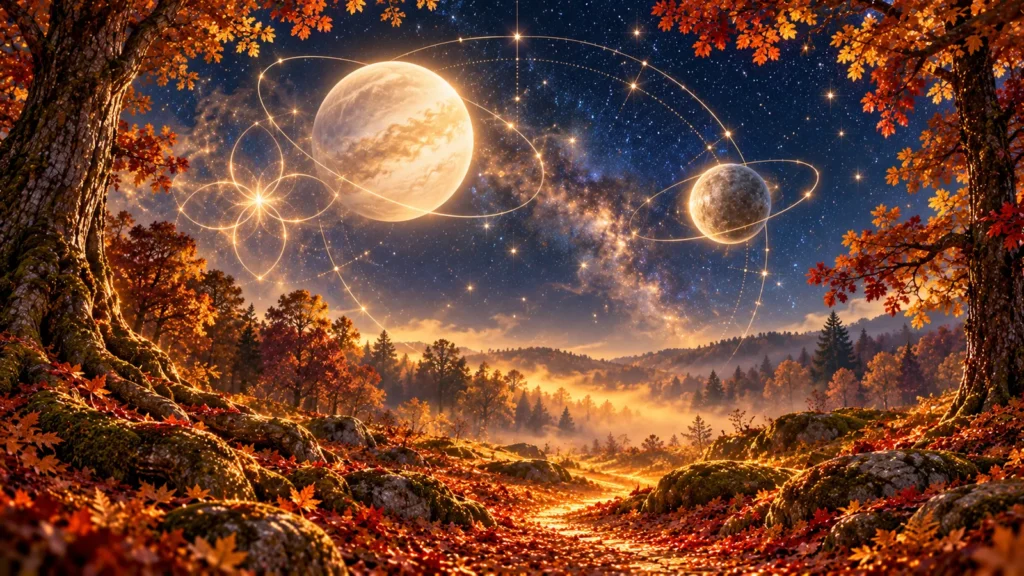 Symbolische Darstellung von Planeten über einem goldenen Herbstwald zu Samhain.