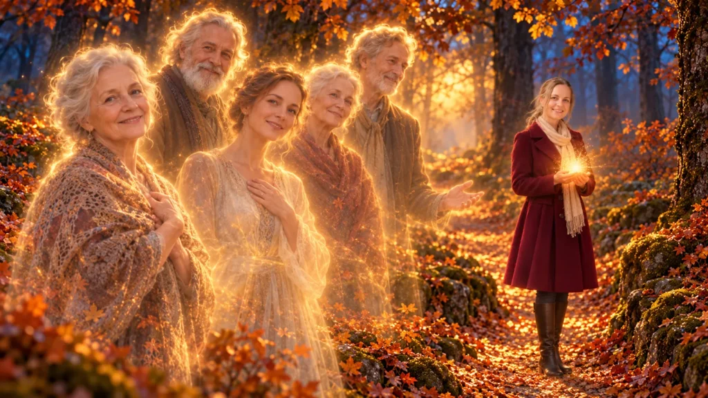 Frau geht zuversichtlich durch den Herbstwald, hinter ihr lächeln symbolisch dargestellte Ahnen.