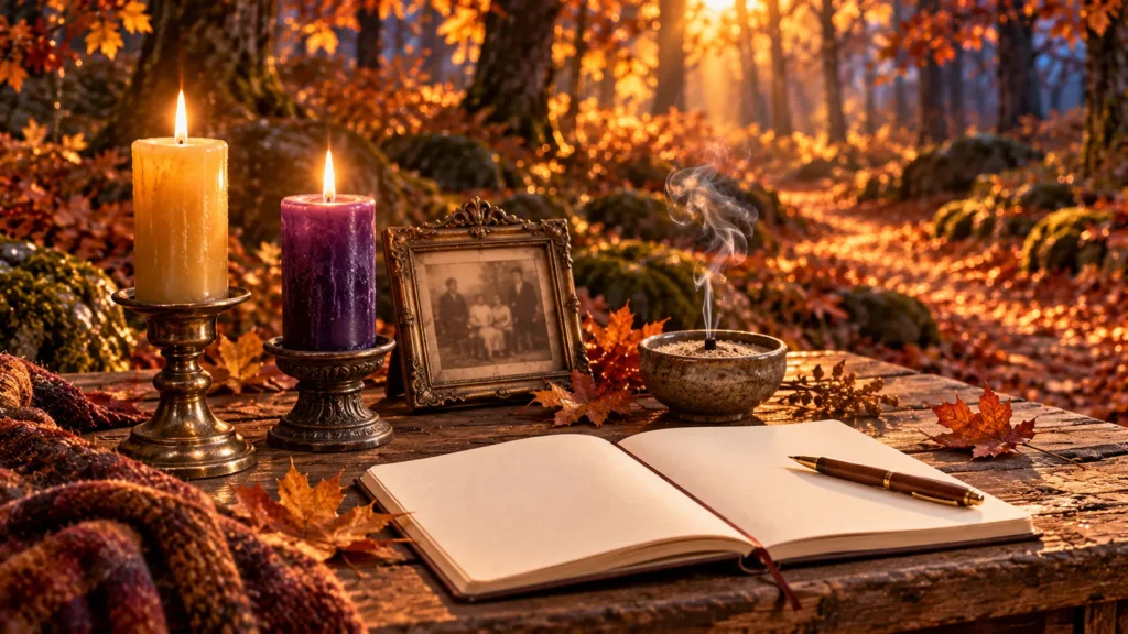 Brennende Kerze, Familienfoto und offenes Notizbuch auf einem Tisch im Herbstlicht.