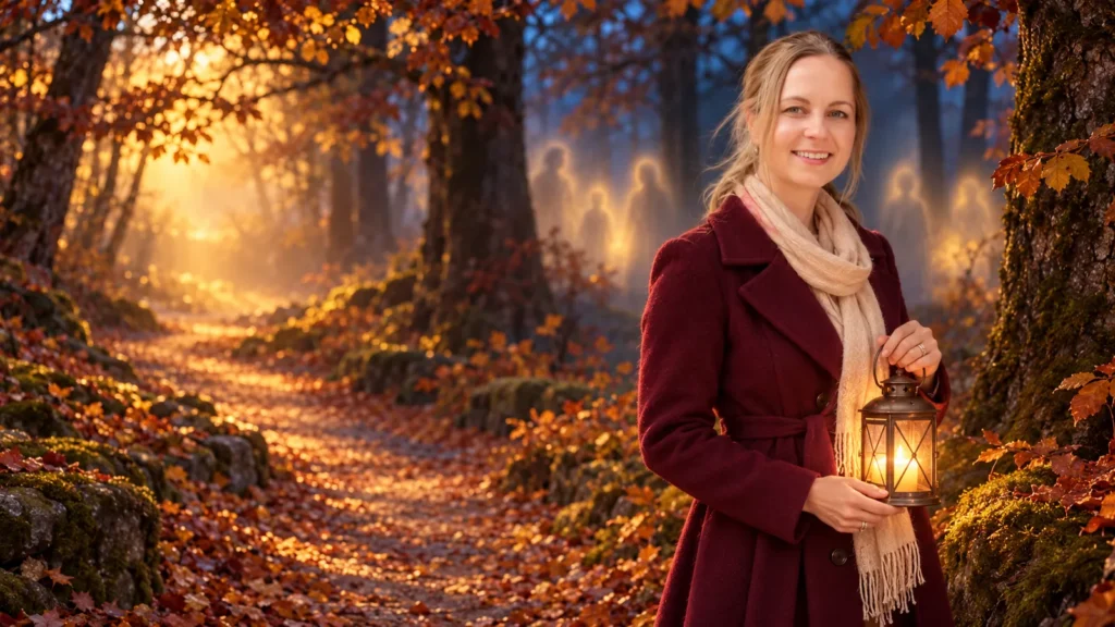 DOLPHi mit einer Laterne im goldenen Samhain-Herbstwald.