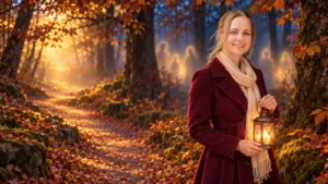 DOLPHi mit einer Laterne im goldenen Samhain-Herbstwald.