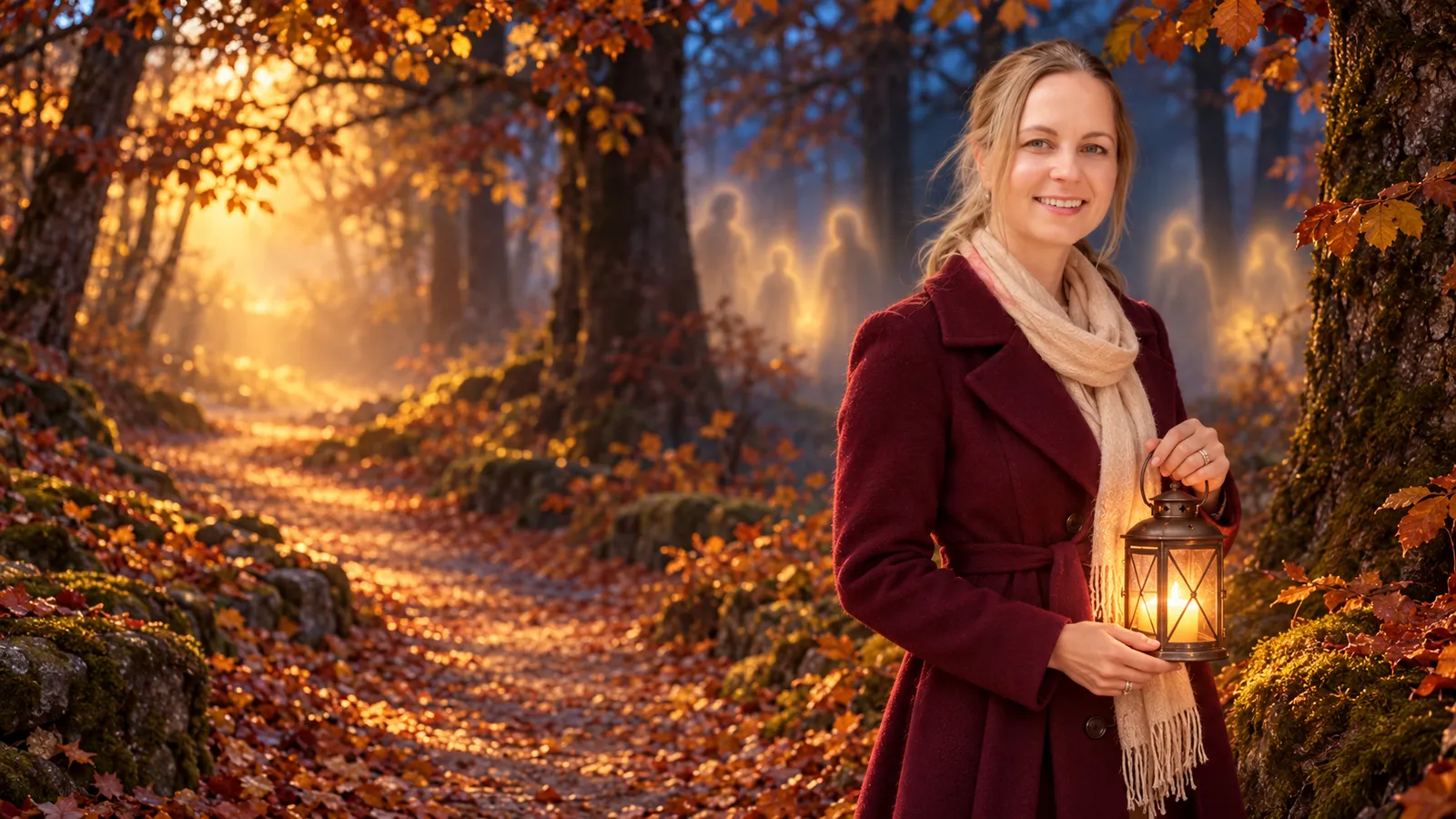 DOLPHi mit einer Laterne im goldenen Samhain-Herbstwald.