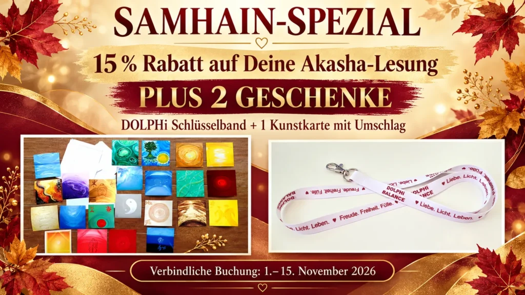 DOLPHi-Schlüsselband und Auswahl an Harmonie-Kunstkarten als Bonusgeschenke zum Samhain-Spezial.