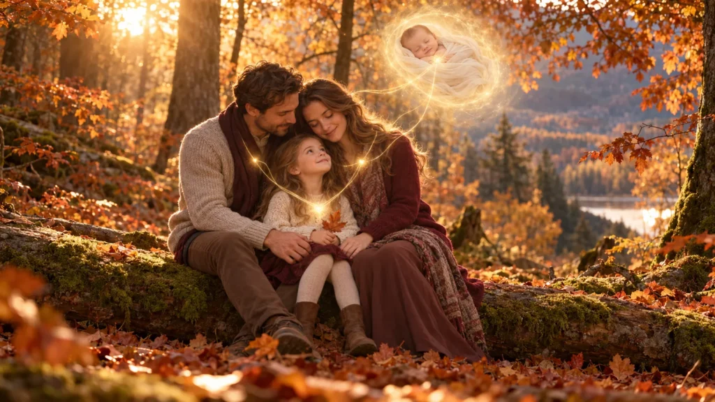 Familie im Herbstwald mit einem symbolisch dargestellten Sternenbaby in einer Lichtwiege.