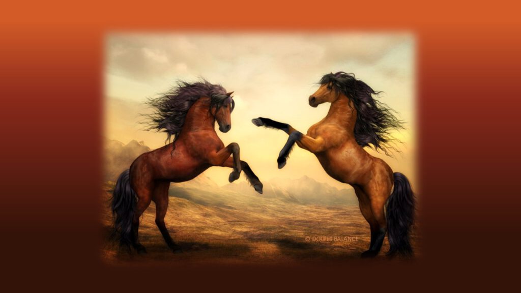 Zwei kraftvolle Pferde im Widerstand – Symbol für Spannung, Dynamik und Konfliktenergie im Feuer-Pferd-Jahr 2026